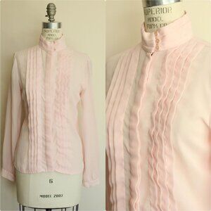Vintage 1980s Blouse, JR Bentley Pink Shirt with Mockneck and Pleats,